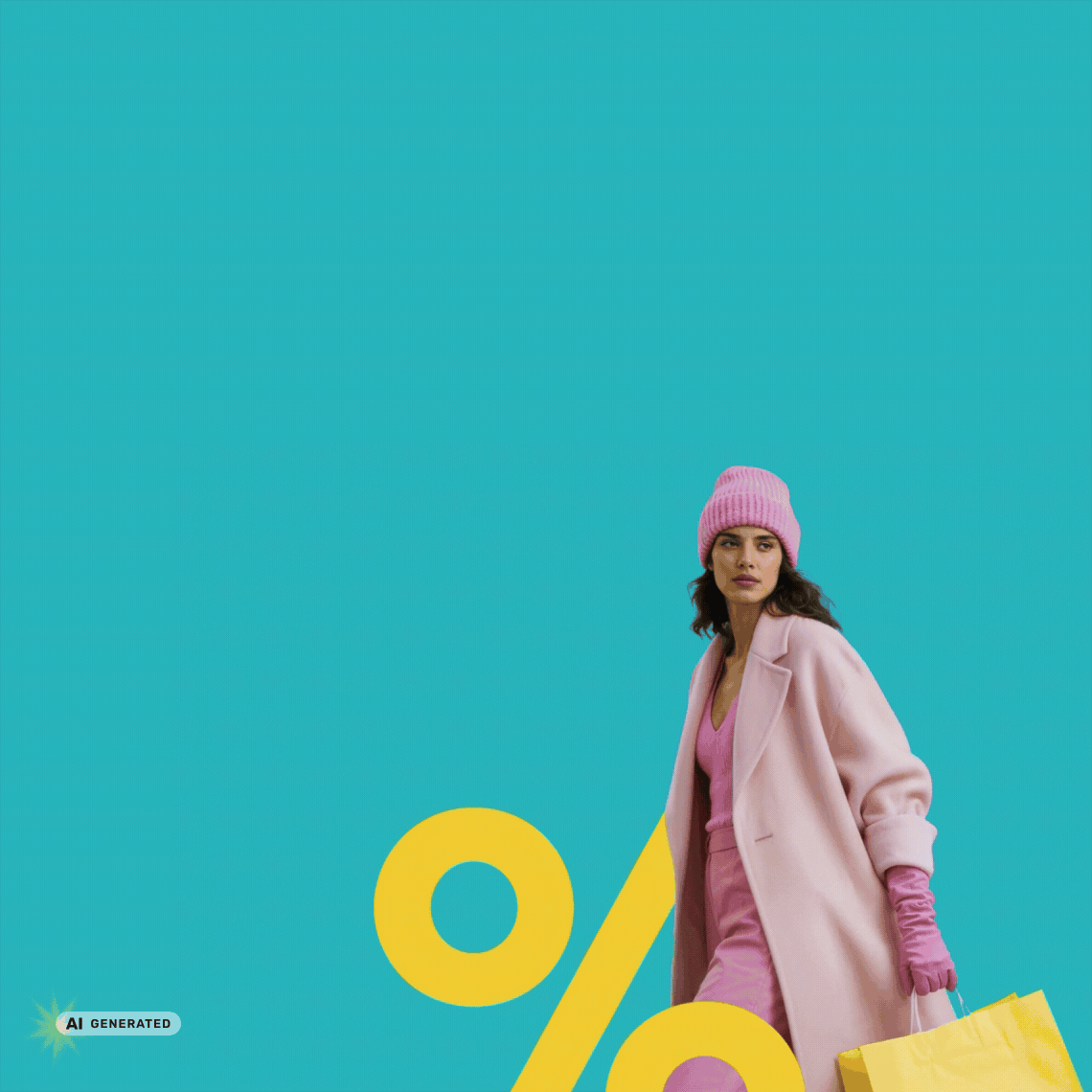 Mujer con abrigo y gorro rosa anunciando promoción de super jueves