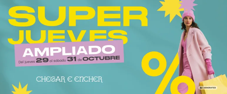 Chica con abrigo rosa promocionando el super jueves de octubre